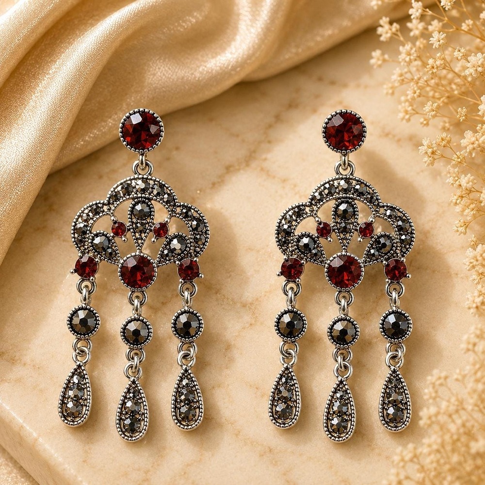 Vtg Liz Claiborne Victorian Revival Crystal Chandelier Earrings Ruby Red Sample